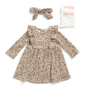 NWT BTWEEN InfantGirl Ruffle Bodice Textured Knit Dress w Bow Headband & Tights